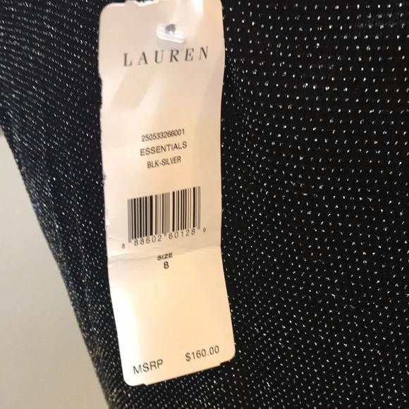 NWT Lauren Ralph Lauren Silver Sparkle Black Cinched Waist V-neck Midi Dress-8 - Picture 8 of 10